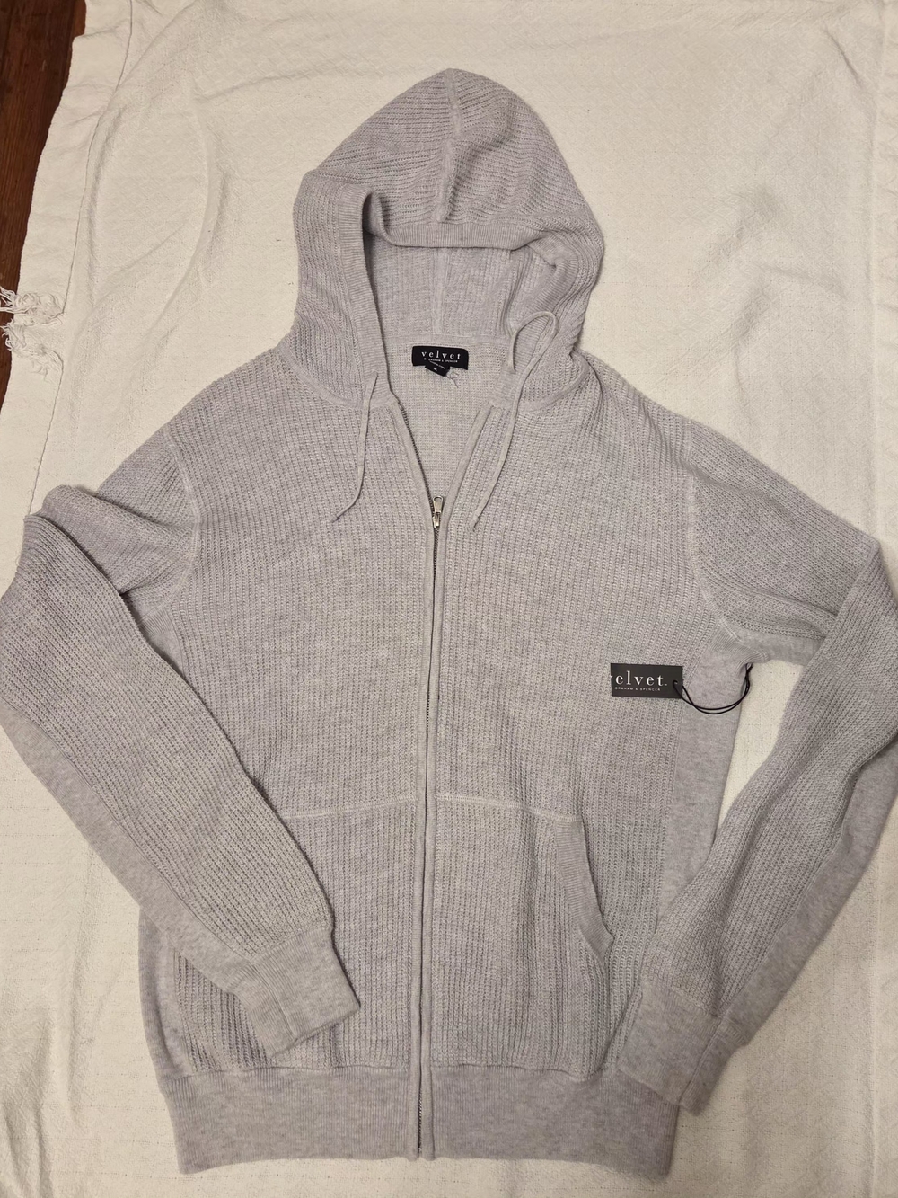 Velvet Light Gray Ribbed Zip-Up Hooded Sweater